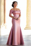 Pink Mermaid Satin Off the Shoulder Long Plus Size Mother of the Bride Dress