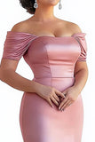 Pink Mermaid Satin Off the Shoulder Long Plus Size Mother of the Bride Dress