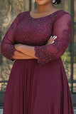Burgundy A Line Appliqued Chiffon Plus Size Long Mother of the Bride Dress
