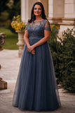 Grey Blue A Line Long Tulle Plus Size Mother of the Bride Dress