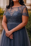 Grey Blue A Line Long Tulle Plus Size Mother of the Bride Dress