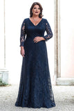 Navy V-Neck Long Sleeves Lace Maxi Plus Size Mother of the Bride Dress