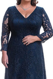 Navy V-Neck Long Sleeves Lace Maxi Plus Size Mother of the Bride Dress