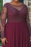 Burgundy A Line Chiffon Appliqued Long Plus Size Mother of the Bride Dress