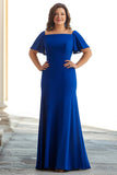 Plus Size Royal Blue Flutter Sleeves Sheath Chiffon Long Mother of the Bride Dress