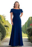 Navy Sheath Satin Boat Neck Plus Size Long Mother of the Bride Dress