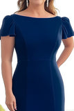 Navy Sheath Satin Boat Neck Plus Size Long Mother of the Bride Dress
