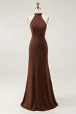 Coffee Mermaid High Neck Sleeveless Maxi Formal Dress