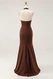Coffee Mermaid High Neck Sleeveless Maxi Formal Dress