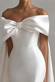 Ivory Satin Mermaid Watteau Train Long Wedding Dress with Bow