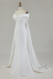 Ivory Satin Mermaid Watteau Train Long Wedding Dress with Bow