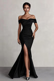 Off the Shoulder Mermaid Maxi Black Formal Dress with Slit