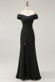 Maxi Mermaid Off the Shoulder Black Formal Dress with Slit