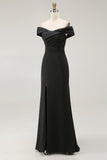 Maxi Mermaid Off the Shoulder Black Formal Dress with Slit