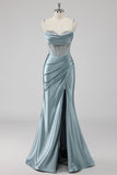 Sparkly Grey Blue Mermaid Corset Beaded Maxi Prom Dress with Slit