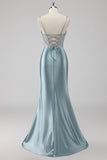 Sparkly Grey Blue Mermaid Corset Beaded Maxi Prom Dress with Slit