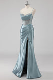 Sparkly Grey Blue Mermaid Corset Beaded Maxi Prom Dress with Slit
