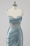 Sparkly Grey Blue Mermaid Corset Beaded Maxi Prom Dress with Slit