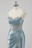 Sparkly Grey Blue Mermaid Corset Beaded Maxi Prom Dress with Slit