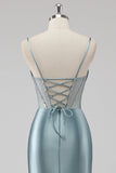 Sparkly Grey Blue Mermaid Corset Beaded Maxi Prom Dress with Slit