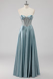 Sparkly Grey Blue Strapless Corset Satin Maxi Prom Dress with Beading