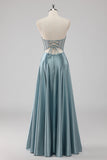 Sparkly Grey Blue Strapless Corset Satin Maxi Prom Dress with Beading