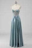 Sparkly Grey Blue Strapless Corset Satin Maxi Prom Dress with Beading