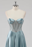 Sparkly Grey Blue Strapless Corset Satin Maxi Prom Dress with Beading