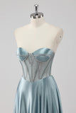 Sparkly Grey Blue Strapless Corset Satin Maxi Prom Dress with Beading