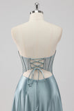 Sparkly Grey Blue Strapless Corset Satin Maxi Prom Dress with Beading