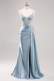 Dusty Blue Spaghetti Straps Beaded Maxi Prom Dress with Slit