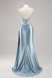 Dusty Blue Spaghetti Straps Beaded Maxi Prom Dress with Slit