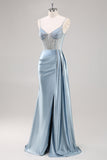 Dusty Blue Spaghetti Straps Beaded Maxi Prom Dress with Slit