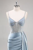 Dusty Blue Spaghetti Straps Beaded Maxi Prom Dress with Slit