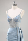 Dusty Blue Spaghetti Straps Beaded Maxi Prom Dress with Slit