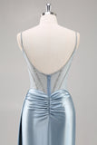 Dusty Blue Spaghetti Straps Beaded Maxi Prom Dress with Slit