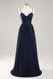 Navy Spaghetti Straps A Line Maxi Prom Dress with Appliques