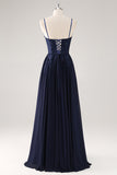 Navy Spaghetti Straps A Line Maxi Prom Dress with Appliques