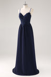 Navy Spaghetti Straps A Line Maxi Prom Dress with Appliques
