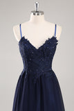 Navy Spaghetti Straps A Line Maxi Prom Dress with Appliques