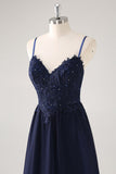 Navy Spaghetti Straps A Line Maxi Prom Dress with Appliques