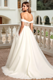 Ivory A Line Off the Shoulder Sweep Train Elegant Wedding Dress