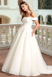 Ivory A Line Off the Shoulder Sweep Train Elegant Wedding Dress