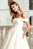 Ivory A Line Off the Shoulder Sweep Train Elegant Wedding Dress