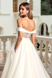 Ivory A Line Off the Shoulder Sweep Train Elegant Wedding Dress