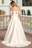 Ivory Satin A Line Ruched Sweep Train Wedding Dress with Bow