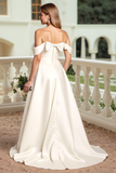 Ivory Satin A Line Ruched Sweep Train Wedding Dress with Bow