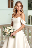 Ivory Satin A Line Ruched Sweep Train Wedding Dress with Bow