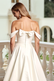 Ivory Satin A Line Ruched Sweep Train Wedding Dress with Bow