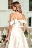 Ivory Satin A Line Ruched Sweep Train Wedding Dress with Bow